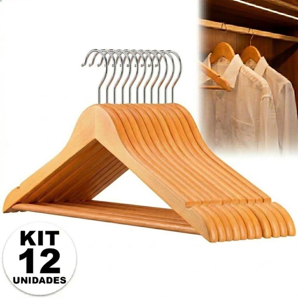 Kit 12 Cabides Madeira Acabamento Verniz Suporte Guarda Roupa Armário
