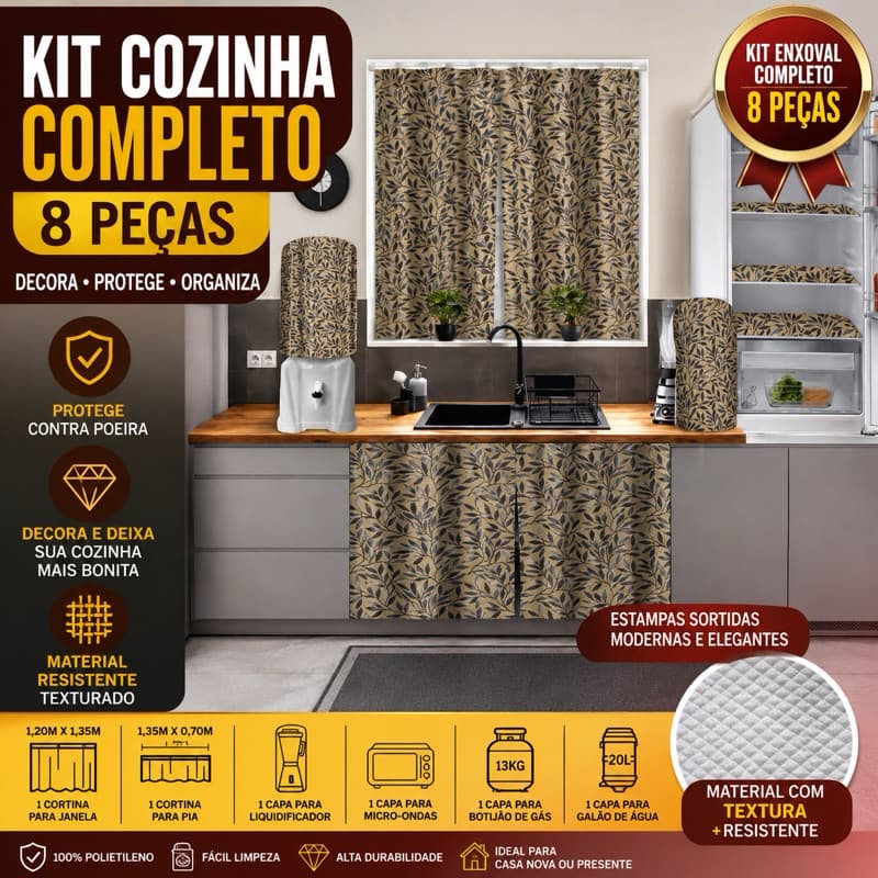 Kit Cozinha Completo 8 Peças Enxoval Decorativo Capa Botijão Água Microondas Cortina Janela Pia