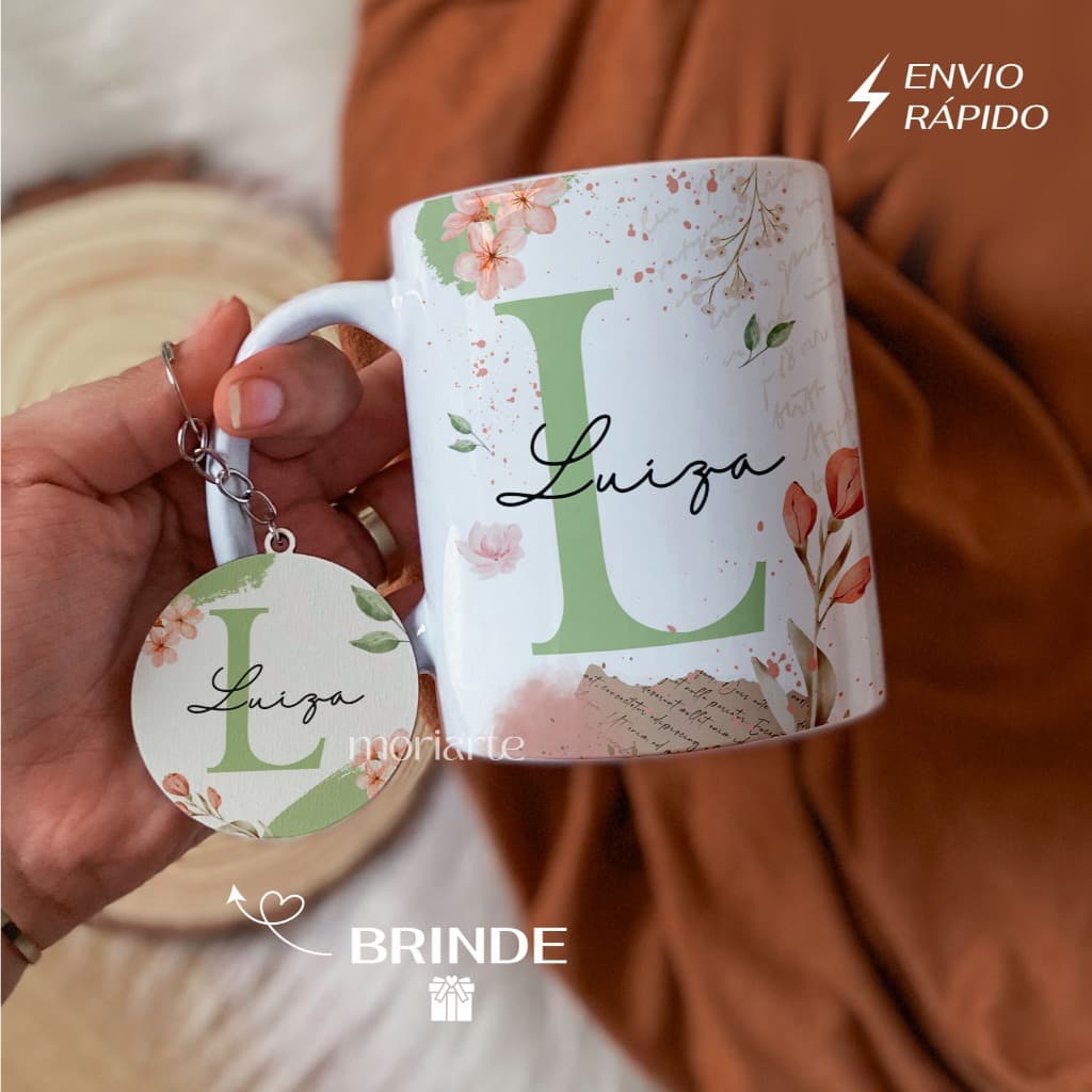 Presente feminino, Caneca personalizada flores inicial e nome+chaveiro, presente criativo amiga/mãe/avó