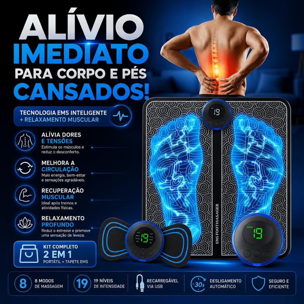 Kit Tapete E Mini Massageador Elétrico Completo Portátil Alívio da Dor Pés E Musculares EMS Conj/Un
