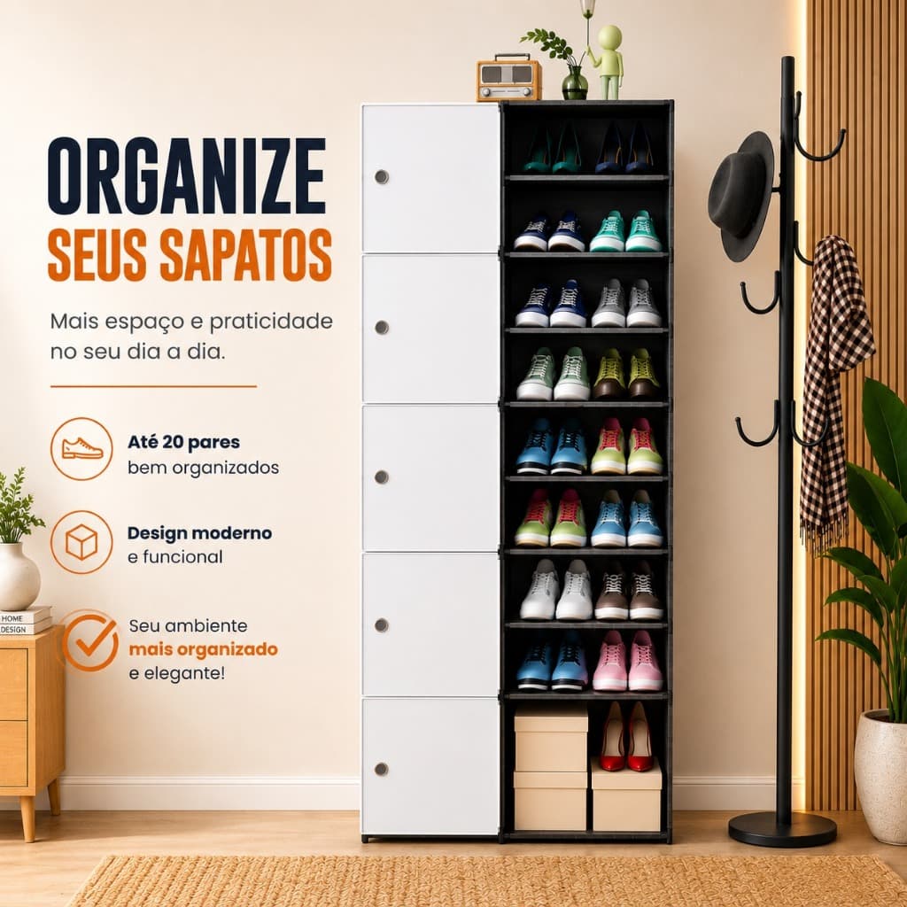 Sapateira Vertical Modular com 5 Compartimentos Transparentes e Amplo Espaço Interno