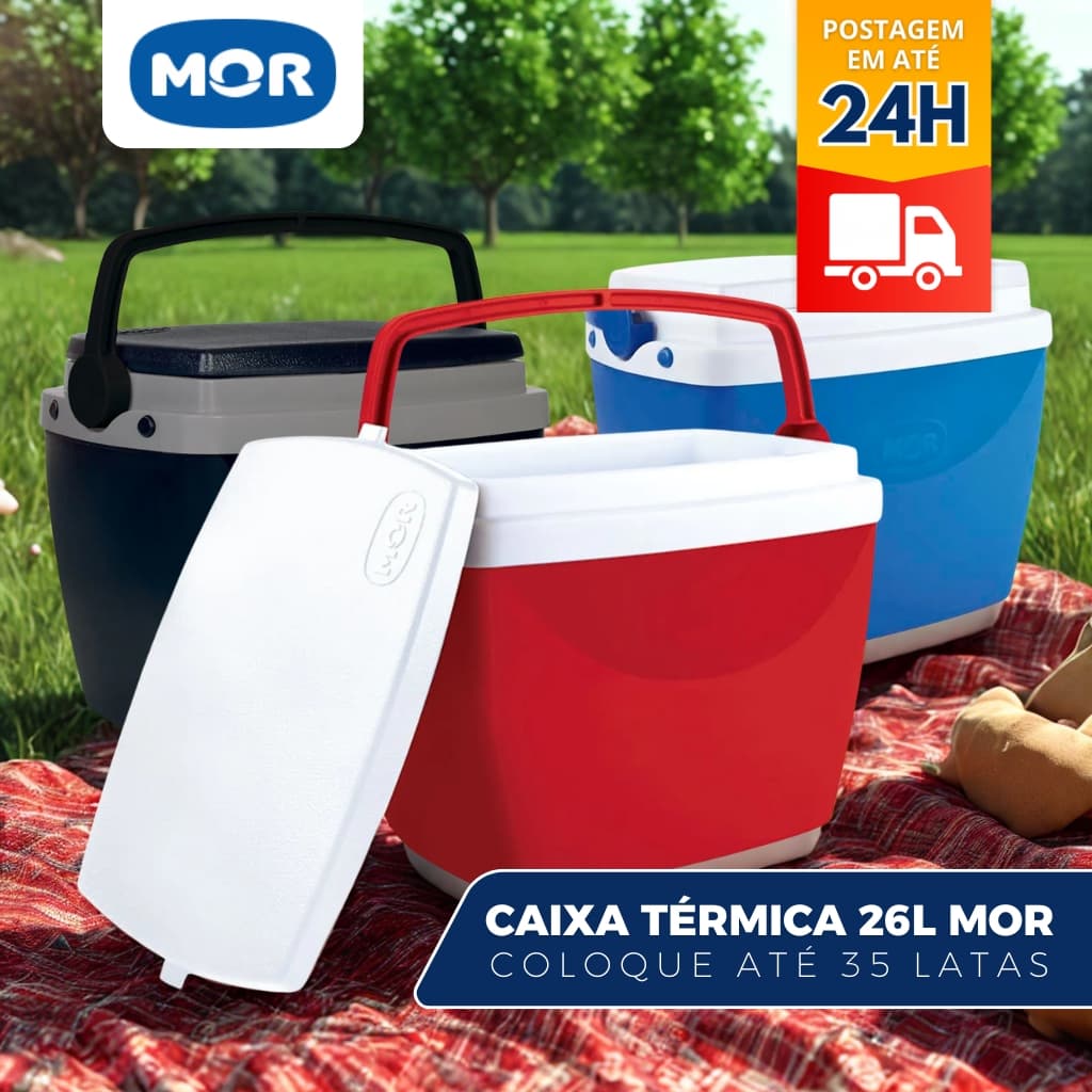 Caixa Térmica Cooler Com Alça 26 Litros Mor Porta Copos Na Tampa