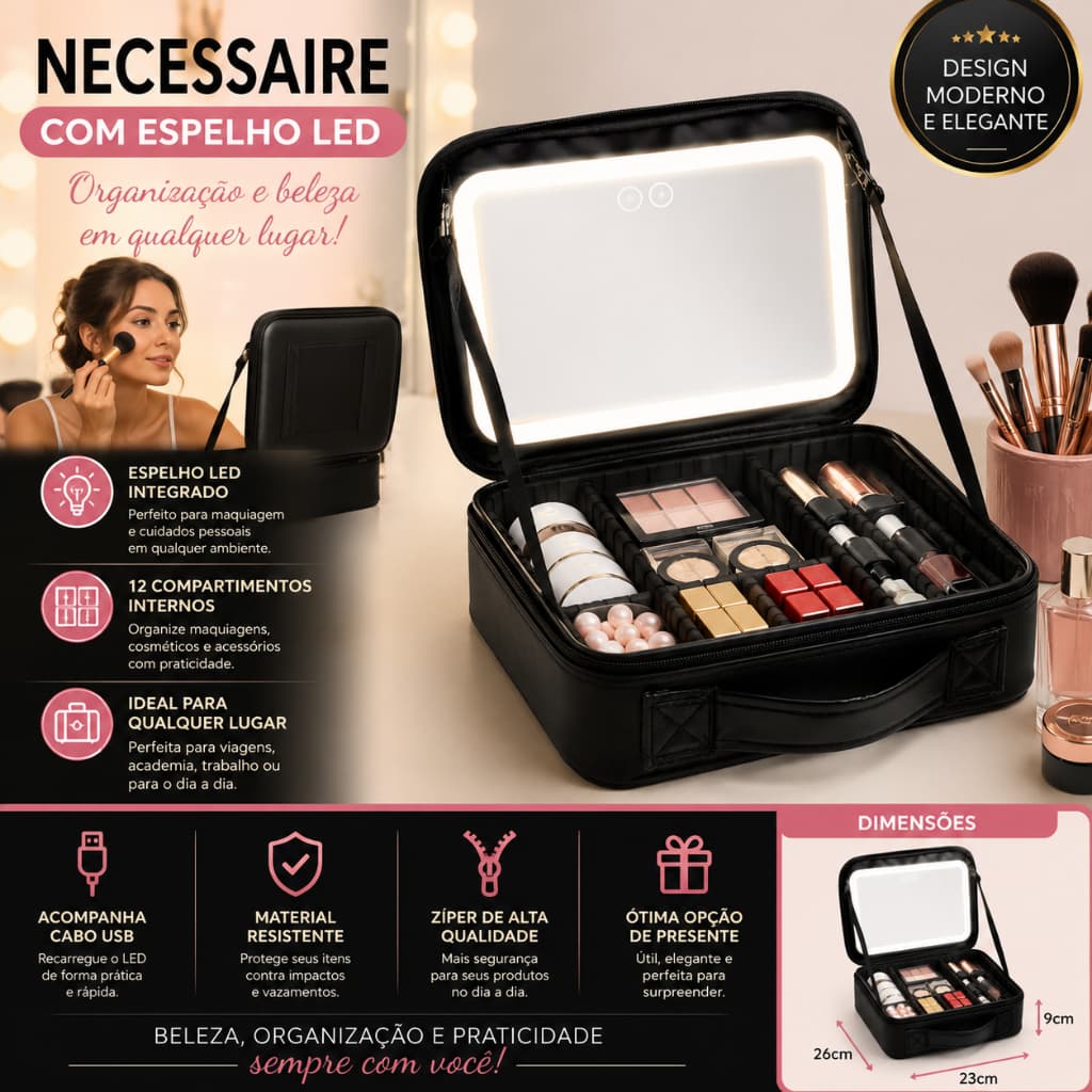 Necessaire Feminina Portátil Alça Espelho Organizadora Maquiagem Cosméticos