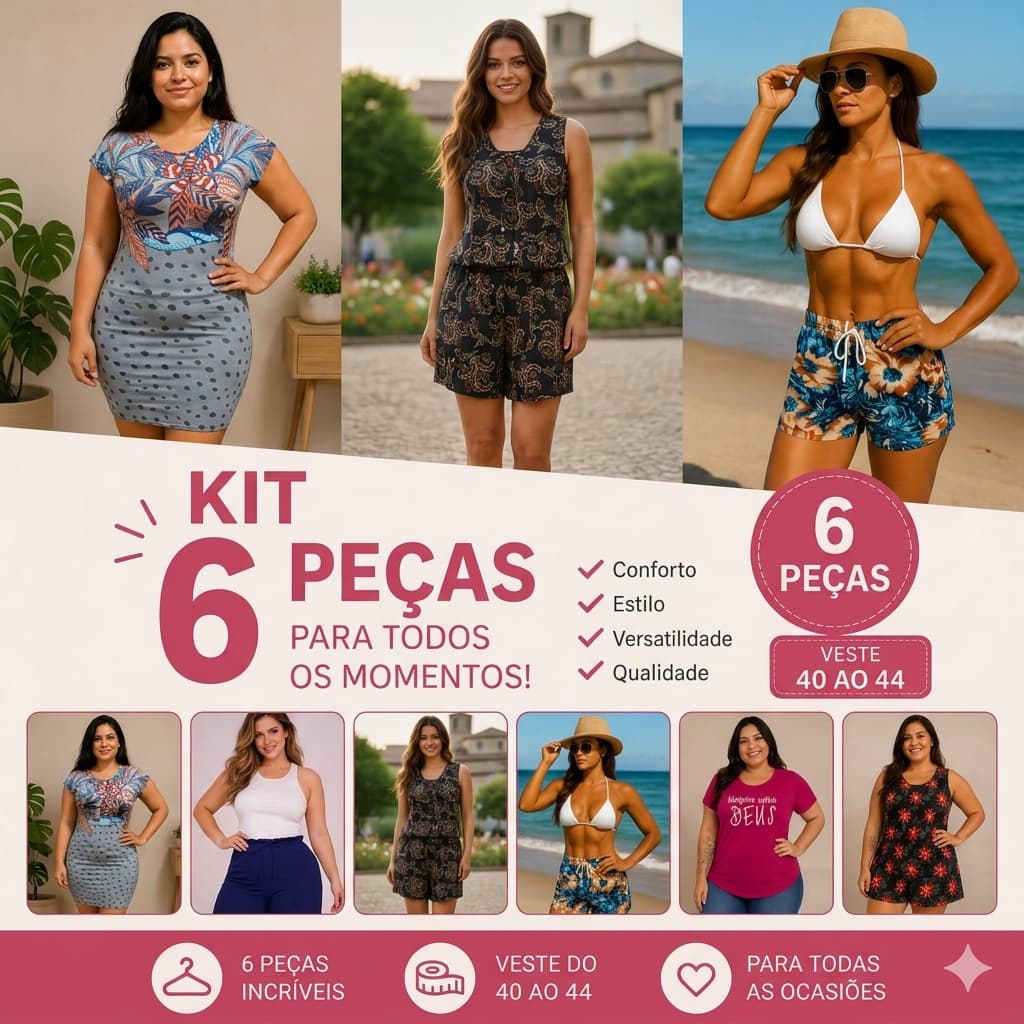 Kit de 6 Peças Femininas Lote de Roupas Sortidas Tamanho 40-44 Blusas Bermuda Macacão