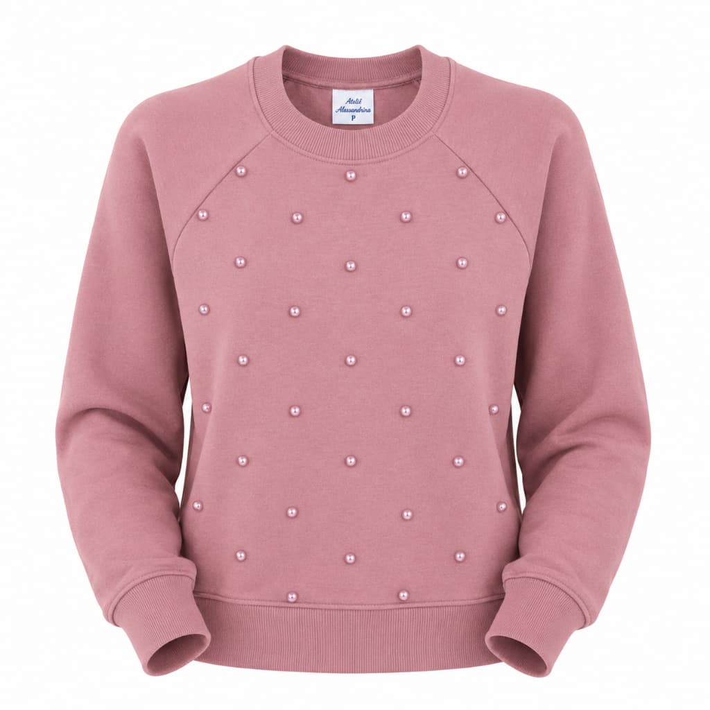 Blusa Moletom Bordado Pérola Moda Inverno Feminino Flanelado Grosso Peluciado Dentro