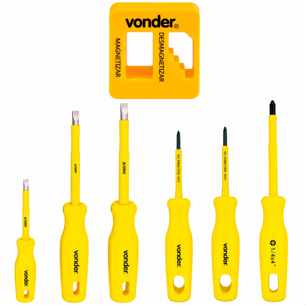 Kit com 6 Chaves Isoladas + Magnetizador Vonder – Fenda e Phillips CRV Profissional