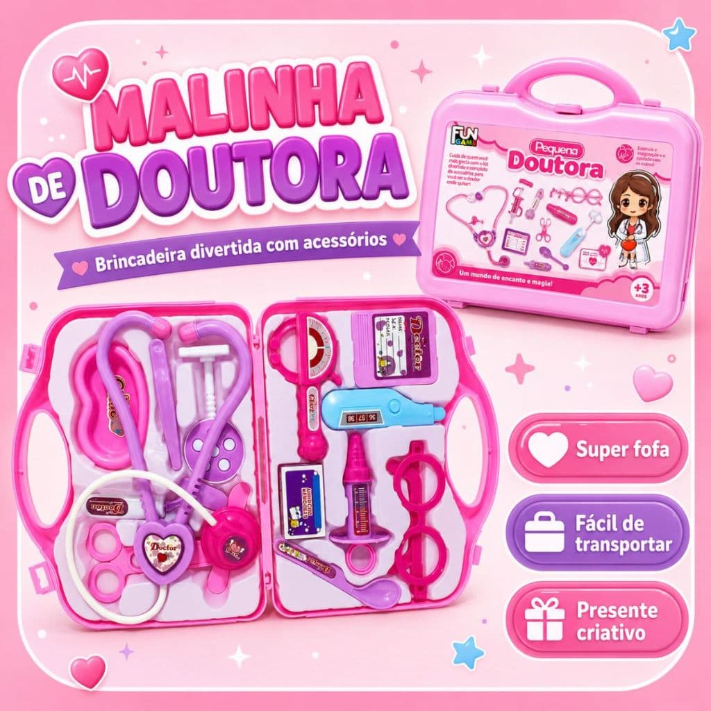 Kit Médico Infantil Maleta Doutora Rosa Brinquedo Educativo Completo com Acessórios