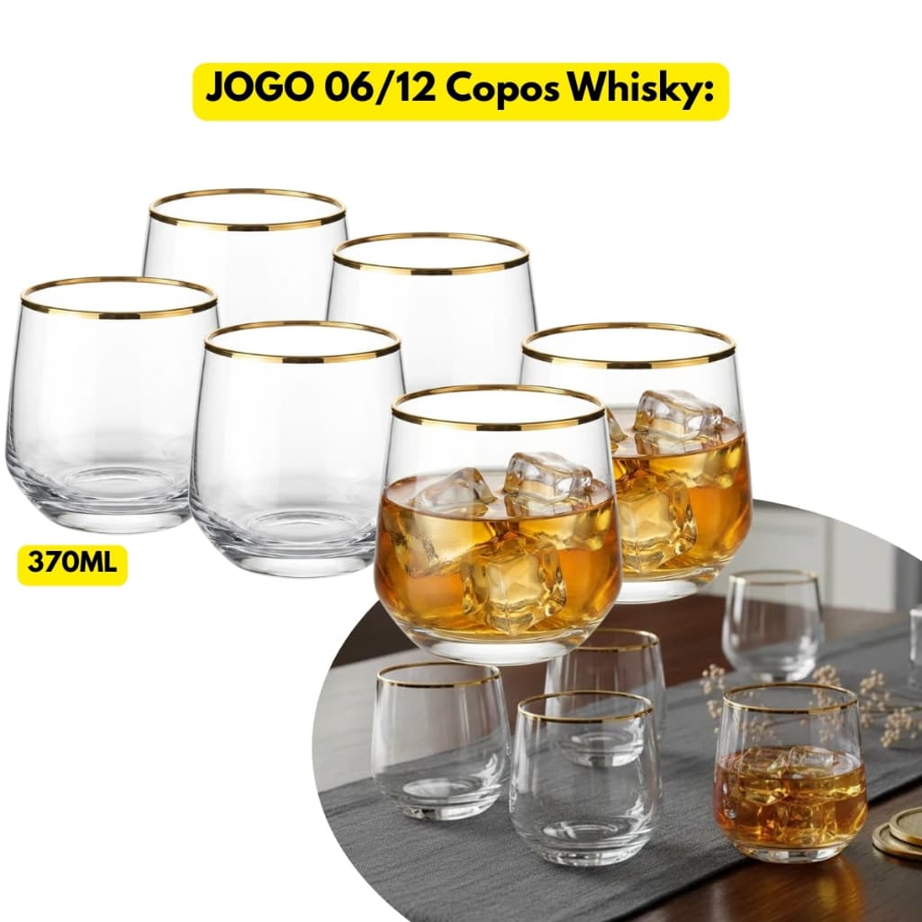 Jogo Kit 06/12 Copos Vidro Borda Dourada 370ML Whisky Drinks Barman Destilados Bares Luxo Chique Bar