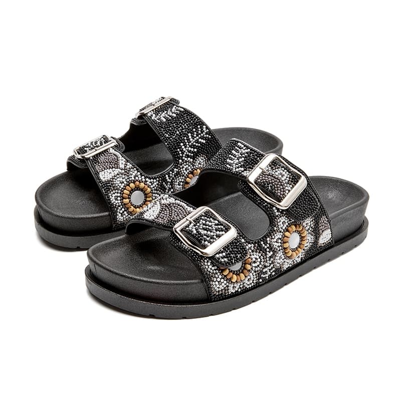 Sandálias femininas estilo Birken e boho com flores de contas de madeira ideais para uso ao ar livre e na praia