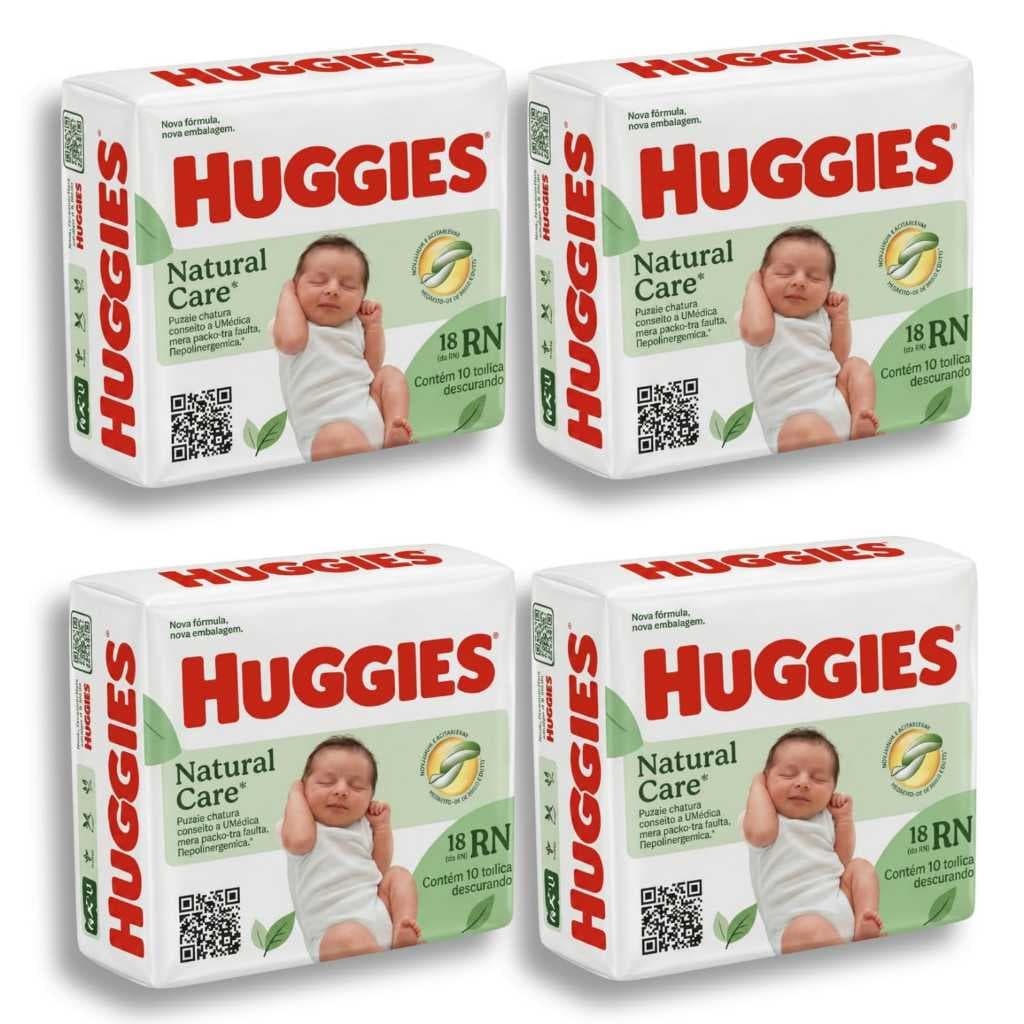 Kit 4un de Fralda Huggies RN Natural Care até 4kg 18un Total 72 unidades Aloe Vera Óleo de Amendoas