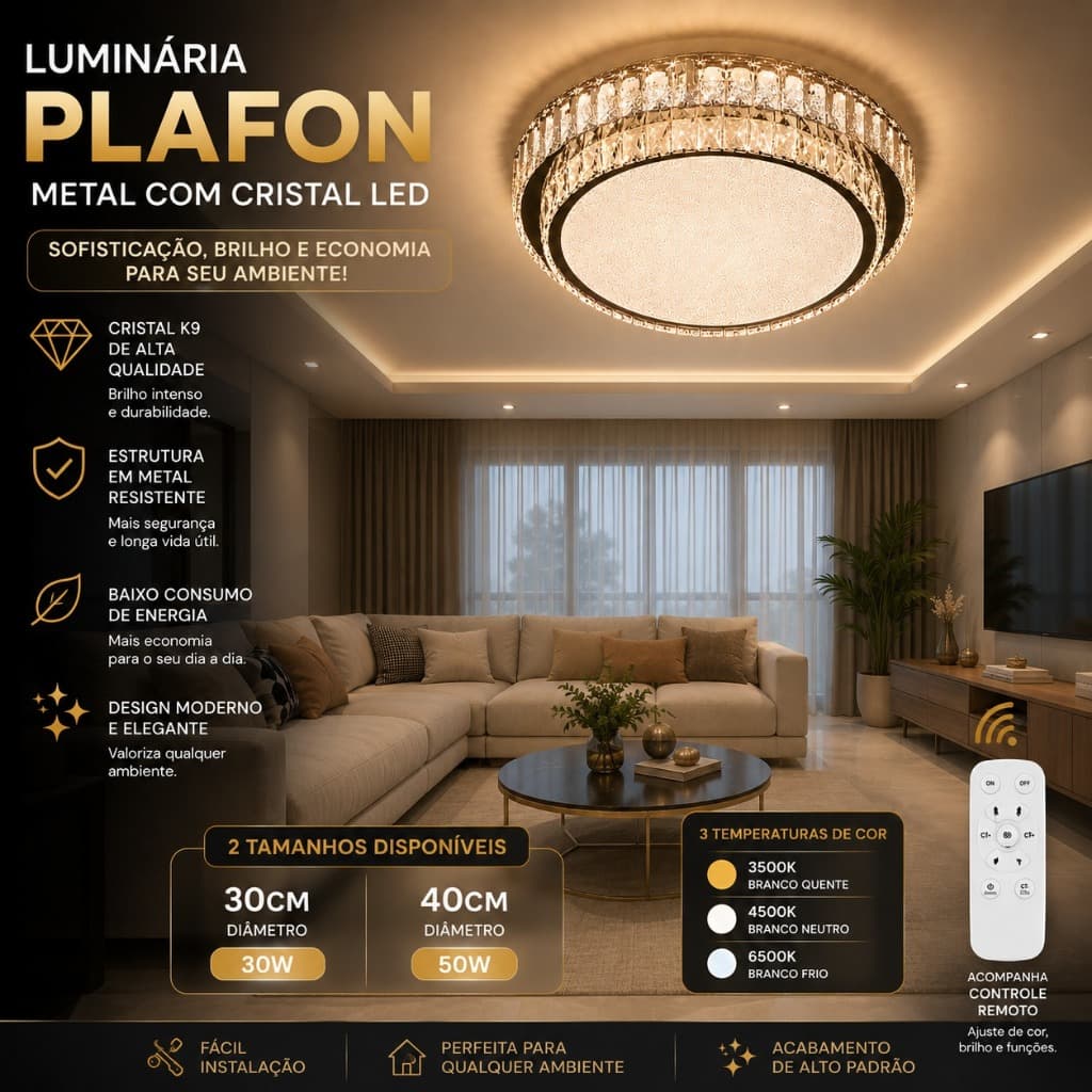 Luminária Plafon Cristal LED 30cm 30W / 40cm 50W Com Controle Remoto 3 Cores Metal Luxo Teto Sala Quarto