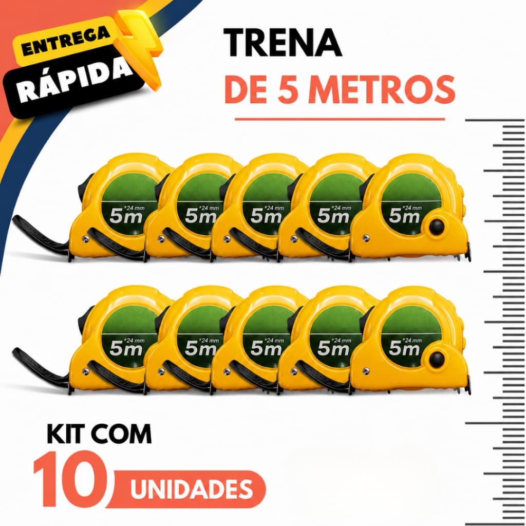 Kit 5 ou 10 Trenas Profissionais 5 Metros Aço Emborrachada Retrátil Fita Métrica Medição Construção Marcenaria
