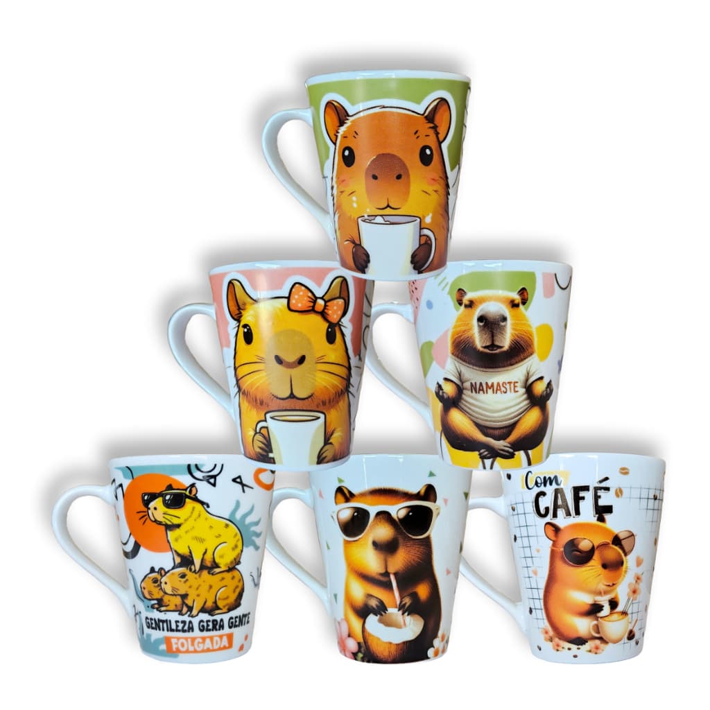 Canecas de porcelana brancas, cônicas, decoradas, 290 ml, xícara, café, chá, Col1-Capivaras
