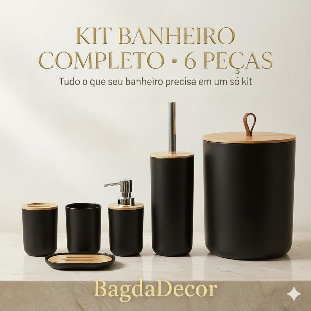 Kit Banheiro Luxo 2/4/6 Peças Canelado Branco/Preto Fosco com Bambu 🛁 Sofisticação e Organização