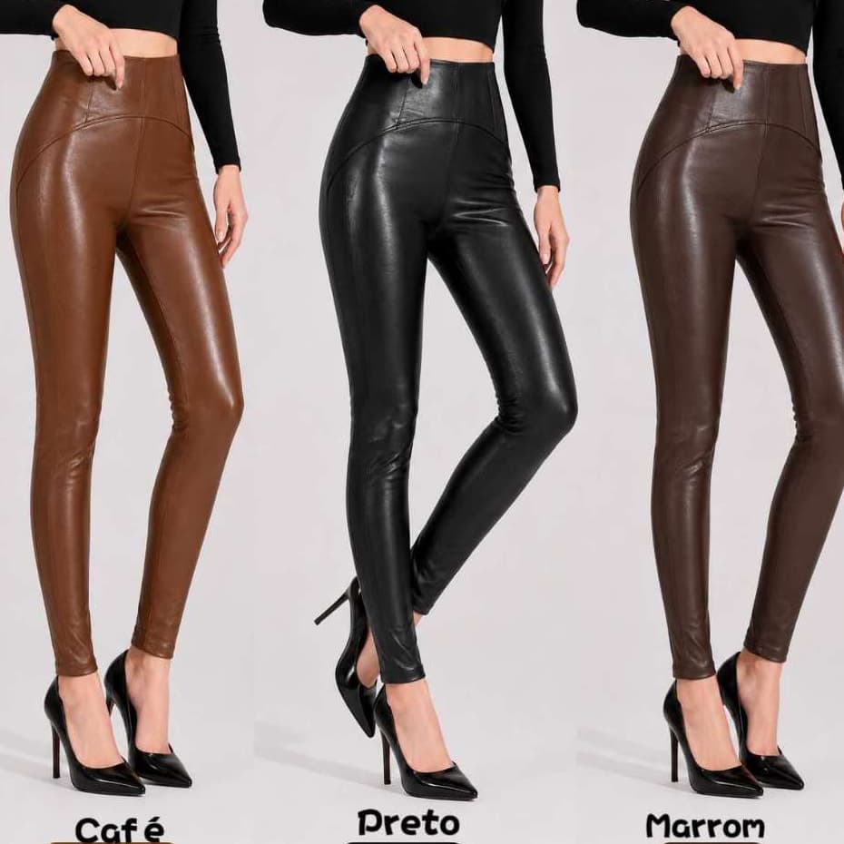 Calça Legging Peluciada Feminina Couro Sintético Cintura Alta Térmica Inverno Premium