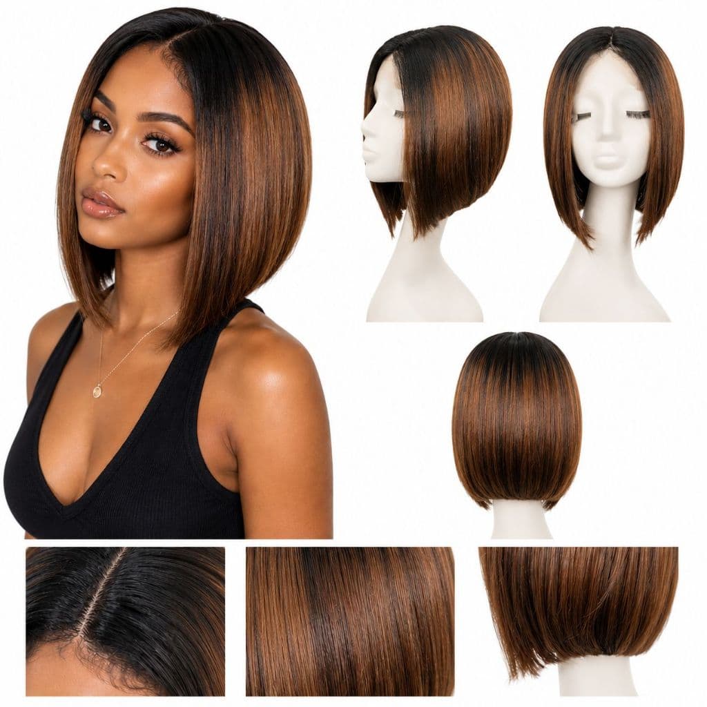 Peruca Ombre Mechas Orgânica Lace Cabelo Curto Liso 40cm