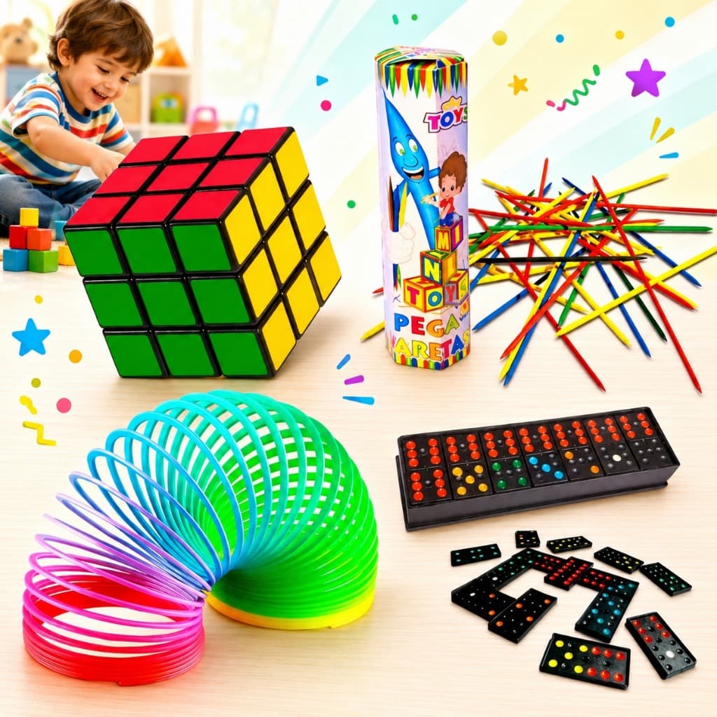 KIT Infantil 4 Brinquedos Cubo Mágico + Mola Maluca + Dominó + Pega Vareta Festas Lembrancinhas