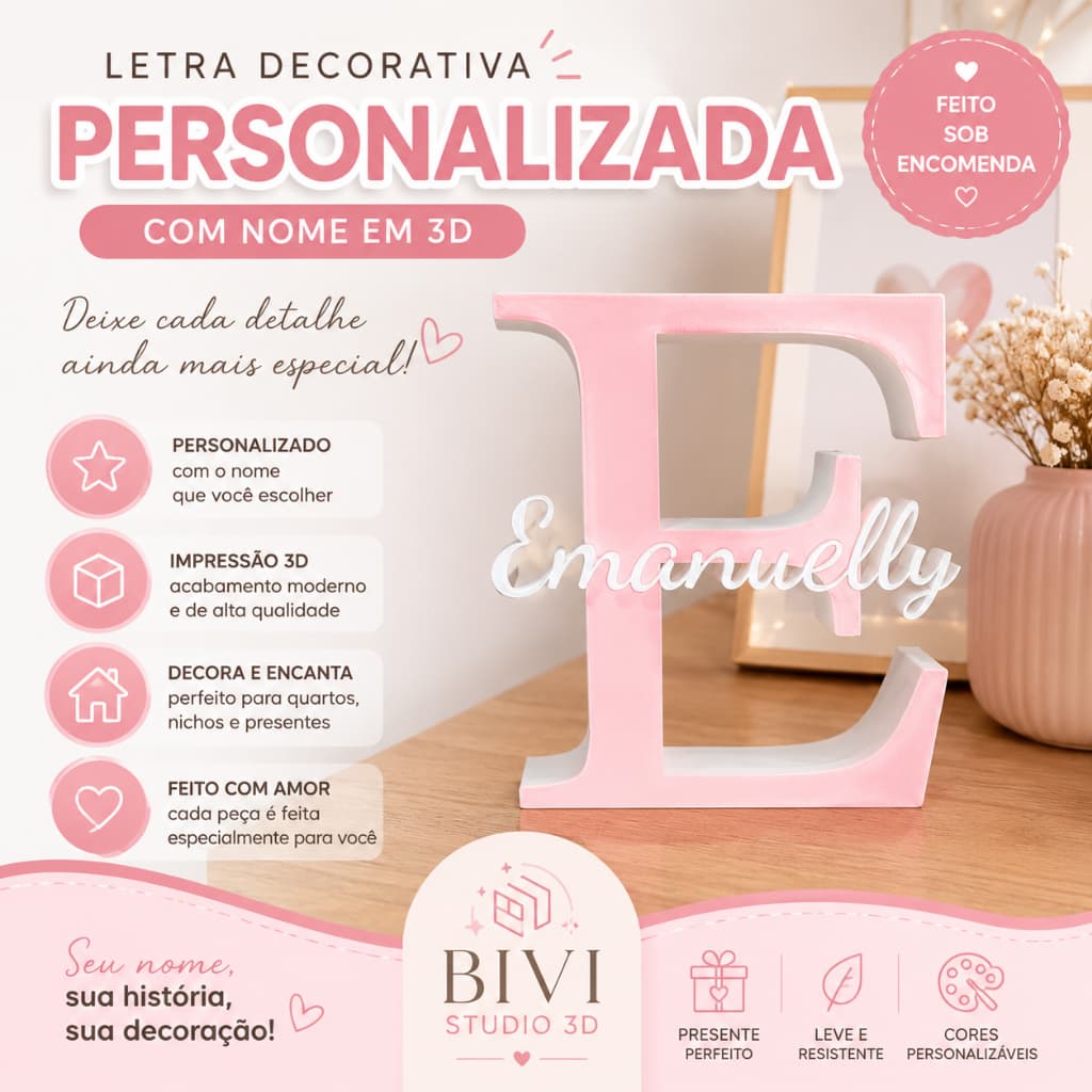 Enfeite Decorativo Personalizado com Nome e Inicial – 3D