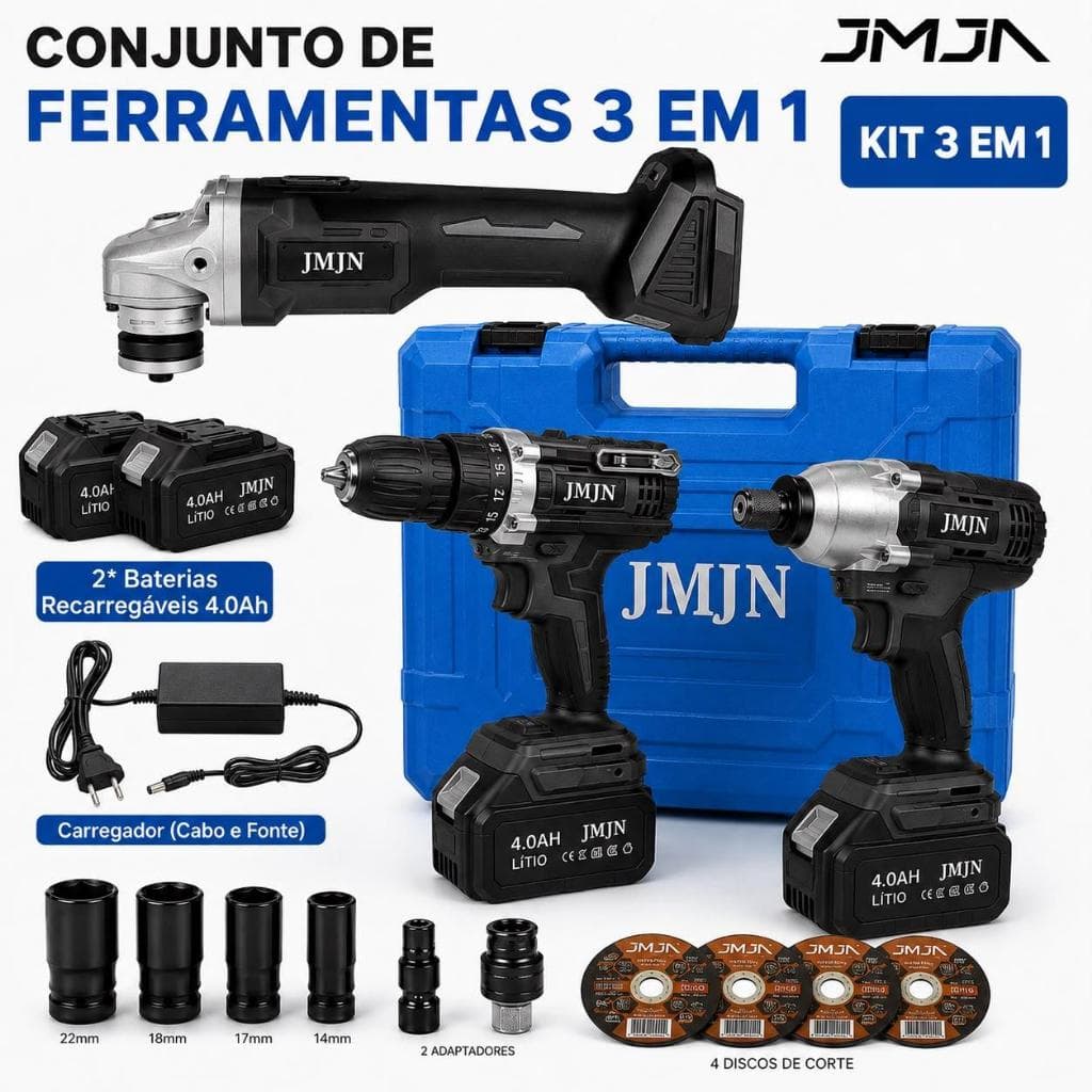 Kit Ferramentas 3 em 1 48V Sem Fio 2 Baterias Esmerilhadeira Furadeira Parafusadeira Chave Impacto