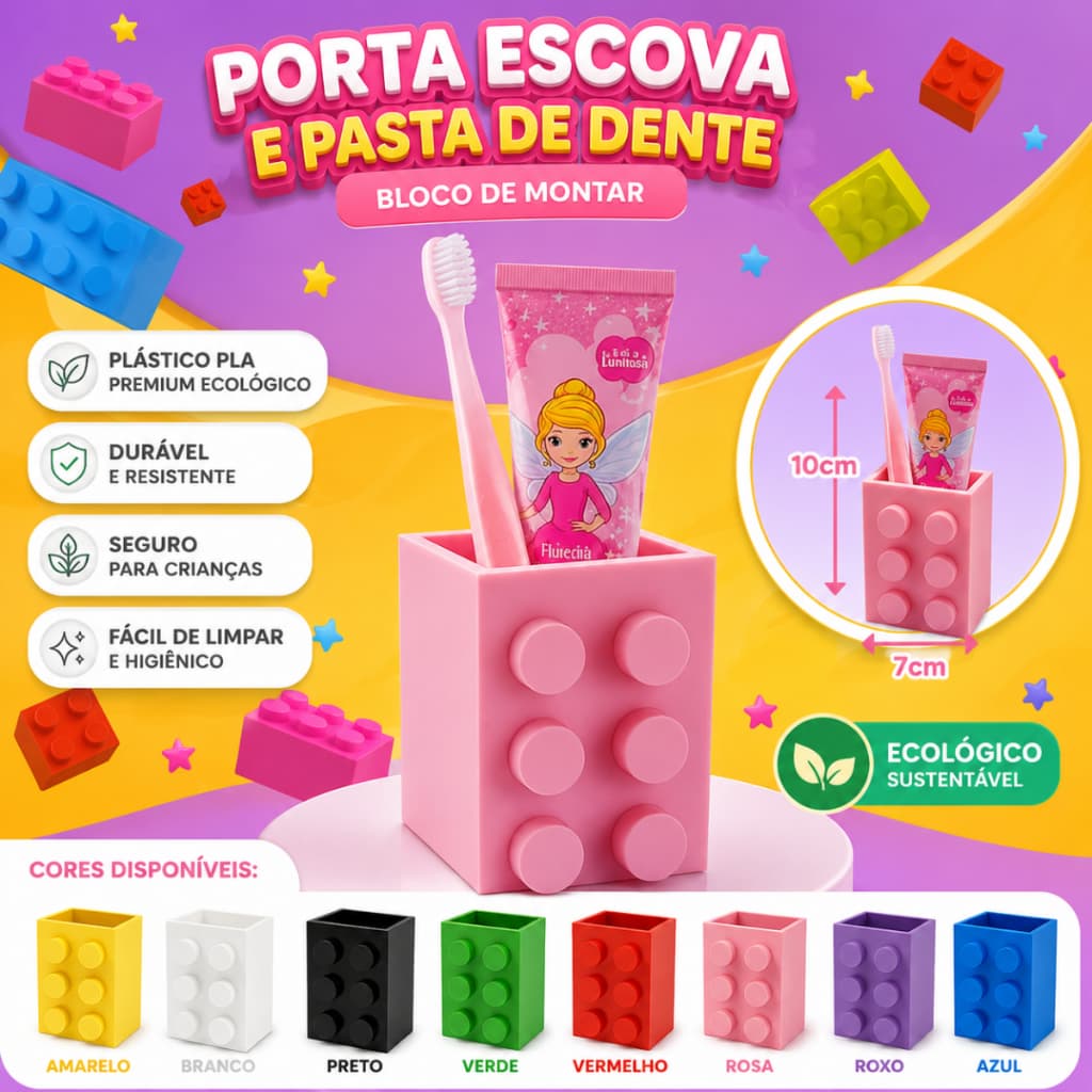 Porta Escova Dental Infantil estilo Bloco de Montar Organizador Colorido Divertido Durável