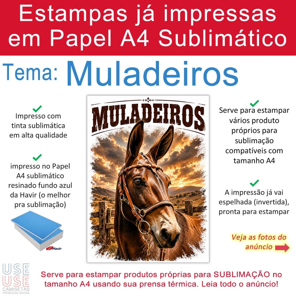 10 Folhas A4 de Papel Sublimático já impresso com estampas MULADEIROS pronto para estampar via sublimação