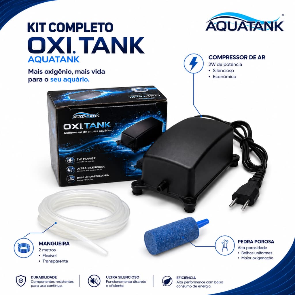 Compressor De Ar Para Aquário 2W Com Pedra E Mangueira 2 Metros oxitank aquatank
