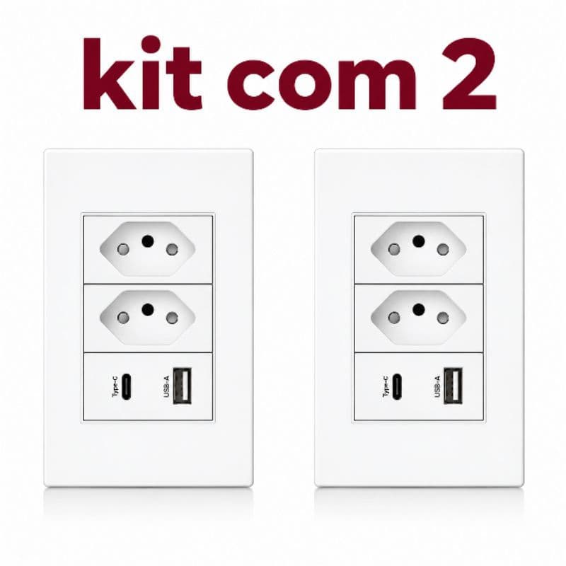 kit 2 Tomadas Dupla Tripolar 10A com USB e Tipo C Bivolt Fácil Instalação 127 220V