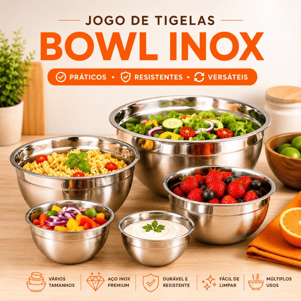Bowl Conjunto de Tigela Inox 5 Peças Jogo de Potes 14 /16 / 20 / 22 / 24cm Utensílios de Cozinha