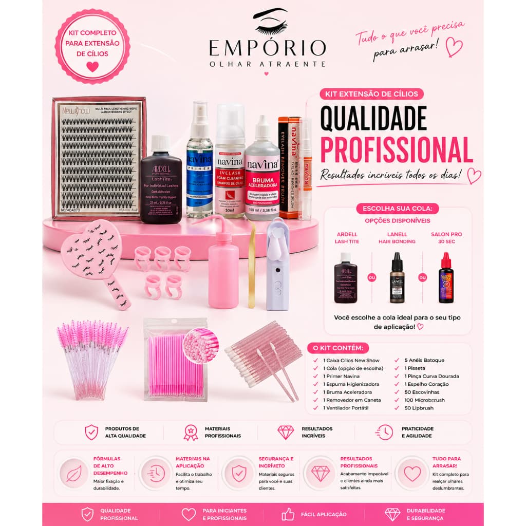 Kit Completo Profissional Cilios New Show Tufo Tufinho Cola Primer Bruma Espuma Navina
