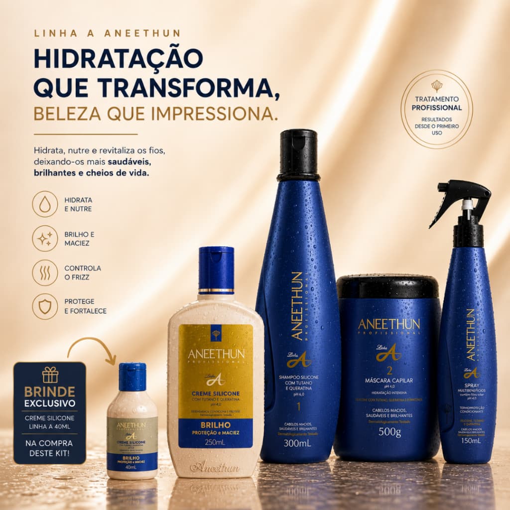 Kit Hidratação Imediata Brilho e Maciez Aneethun Linha A 4 Produtos + Brinde