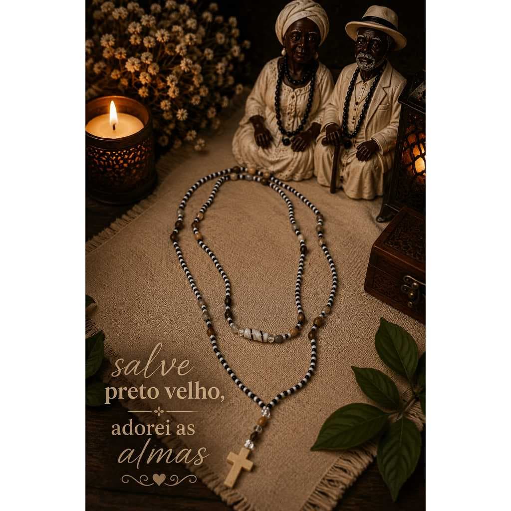 Colar, fio de conta ,terço, Guia de Preto Velho com Cruz de Madeira e Lagrimas De Nossa Senhora de umbanda