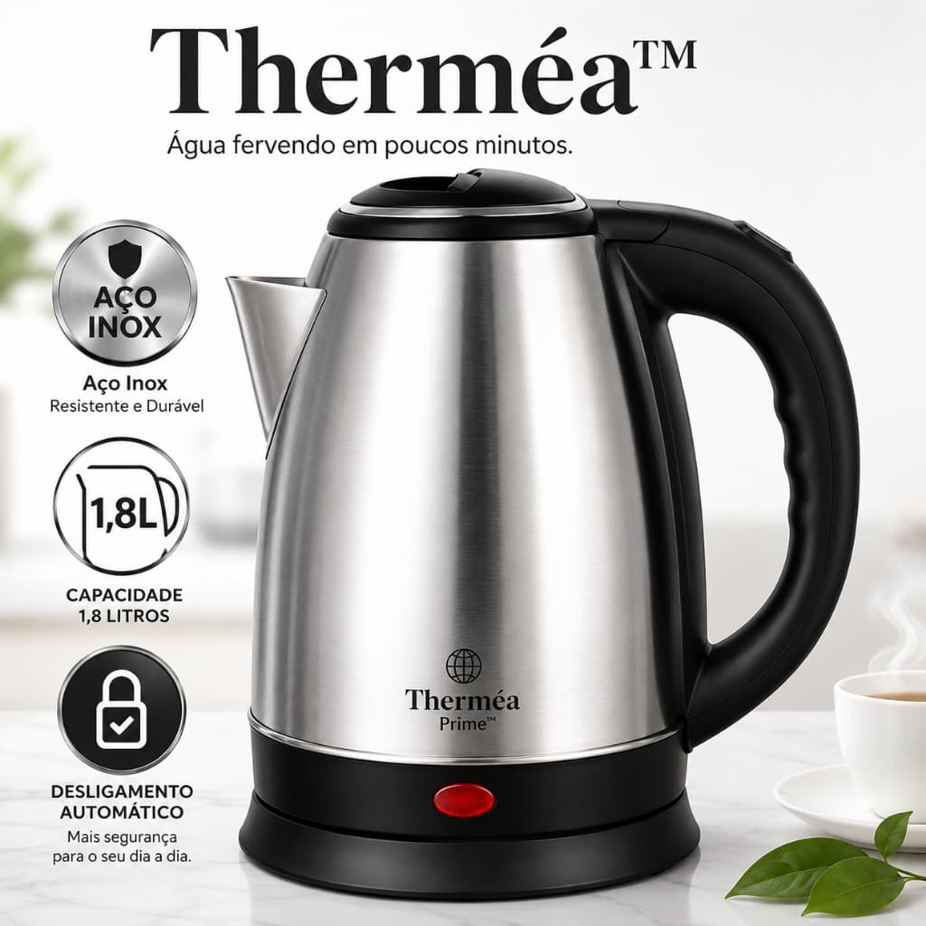 Chaleira Elétrica Inox 1,8L 1000W 127V Desligamento Automático Base 360° Aquecimento Rápido Therméa Prime