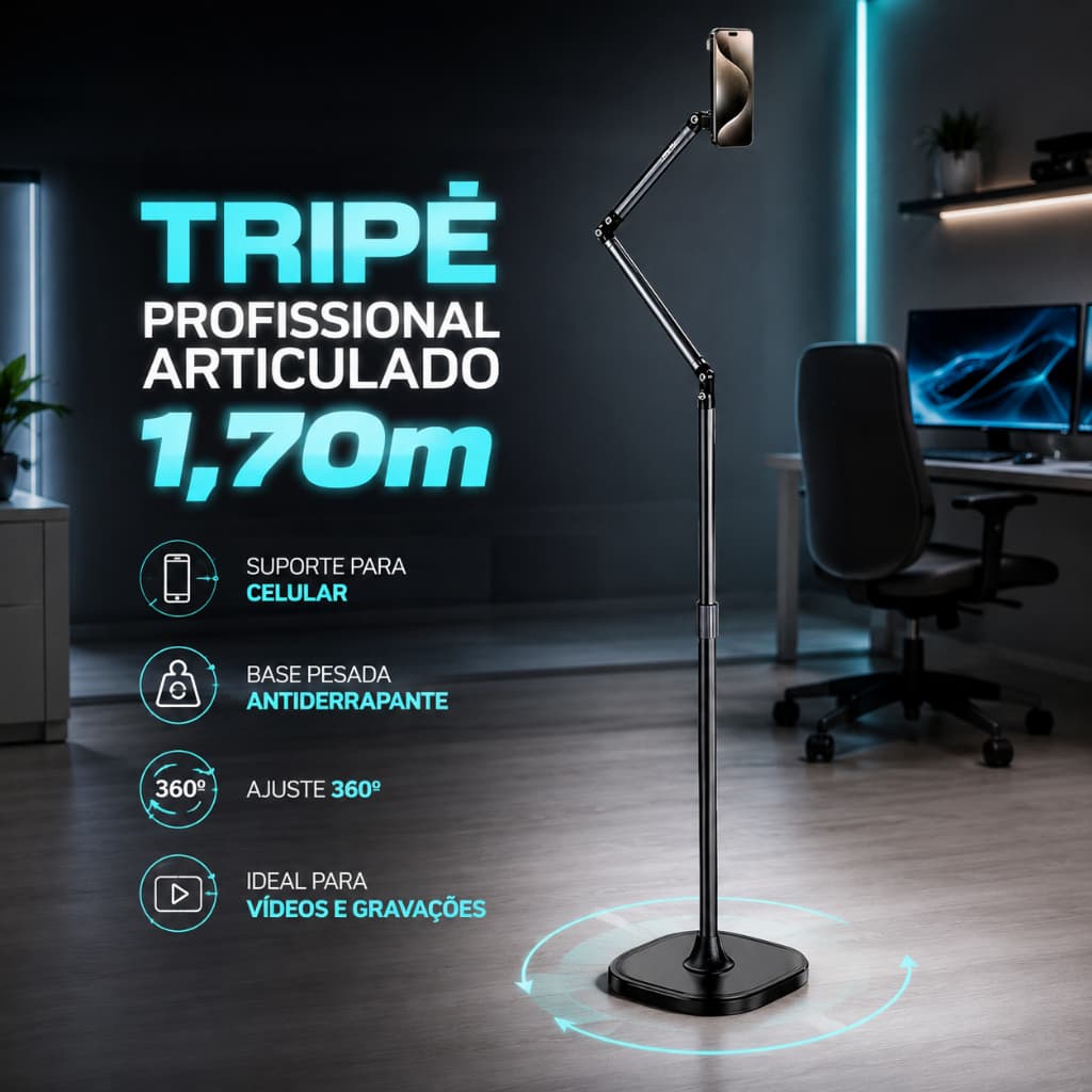 Tripé de Chão Articulado para Celular 1,70m Suporte Profissional 360° para Gravação