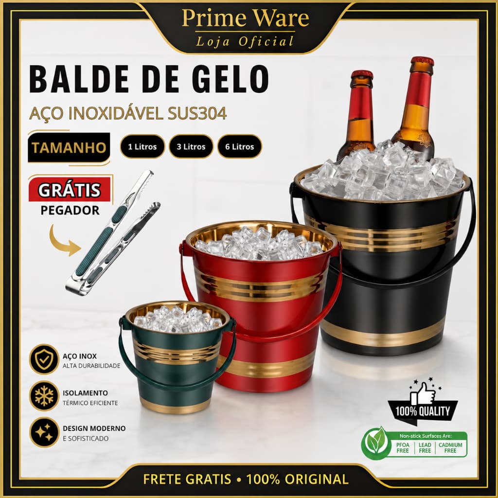 Balde de Gelo Aluminio Aço Inox 1/3/6L Multiuso Festa Casa Bebidas Geladas Resistente Premium