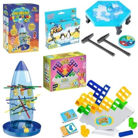 Kit 3 Brinquedos(Pinguim Numa Fria+Tira Vareta Cai Astronauta+Torre Equiliblocos)Jogos Interativos
