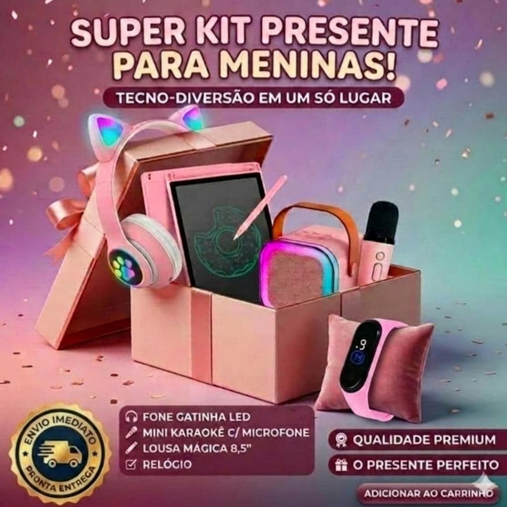 KIT PRESENTE MENINA FONE CAT GATINHA + MINICAIXA DE SOM KARAOKÊ E MICROFONE + LOUSA MÁGICA + RELÓGIO