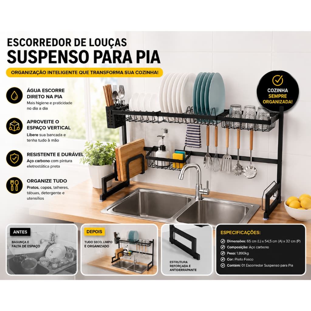 Escorredor de Louças Sobre Pia 65cm Suspenso Organizador de Cozinha Porta Talheres Preto Fosco