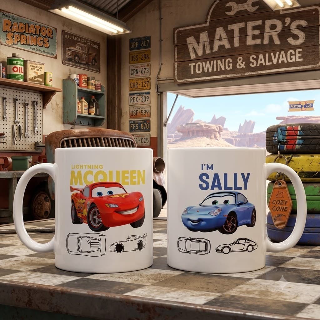 Kit 2 Canecas Carros Disney McQueen e Sally Presente Dia dos Namorados Casal Criativo Porcelana Premium 325ml