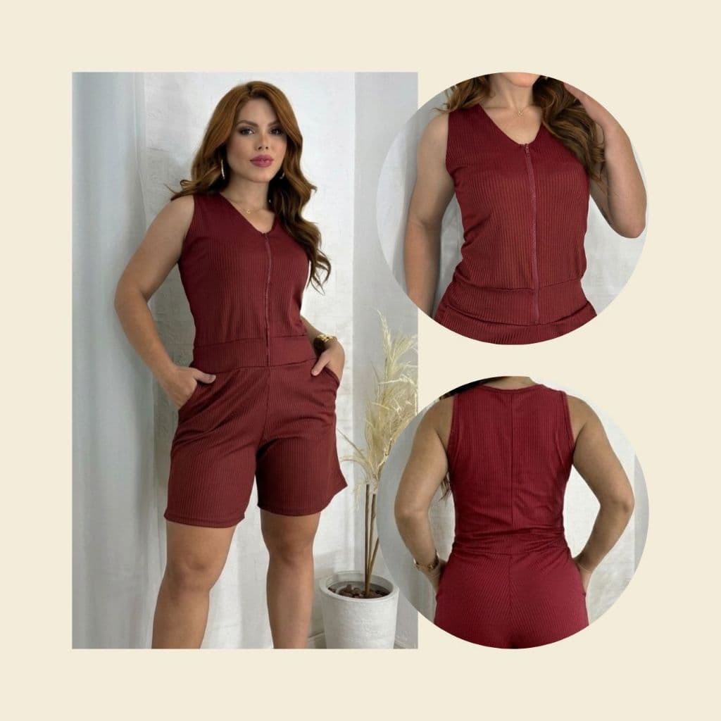 Macacão Feminino Camiseta Com Bolso Zíper Frontal Malha Canelada Premium