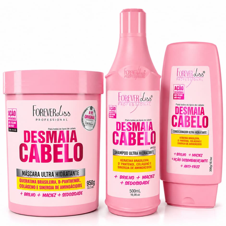 Forever Liss Kit Desmaia Cabelo 3 Itens Original -Shampoo 500ml + Condicionador 300ml + Máscara 950g