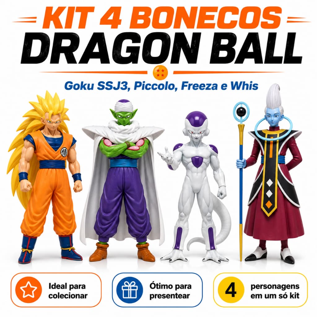 Kit 4 Bonecos Dragon Ball: Goku SSJ3, Piccolo, Freeza, Whis