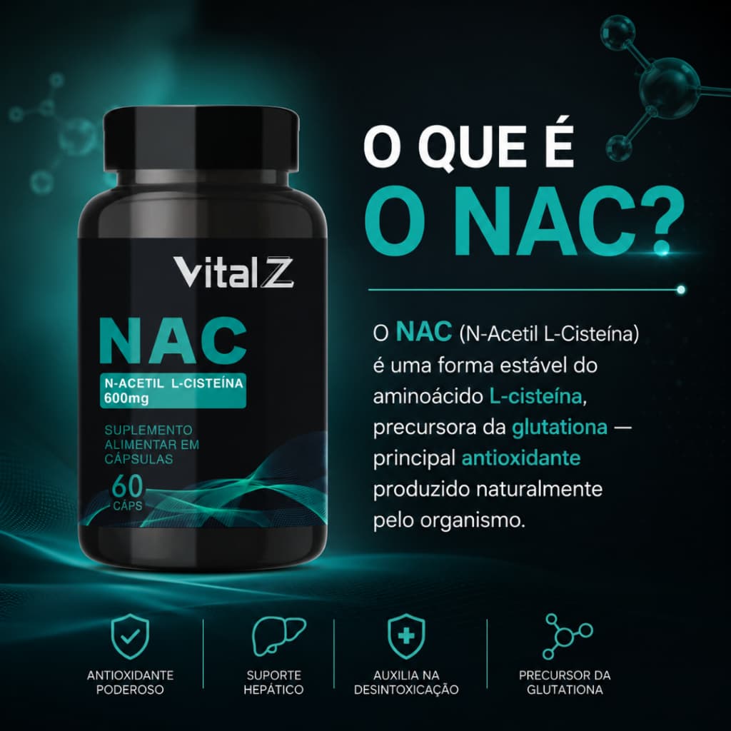 NAC N-Acetil L-Cisteína Vital Z | 600mg | Antioxidante e Detoxificação hepática| 60 Cápsulas