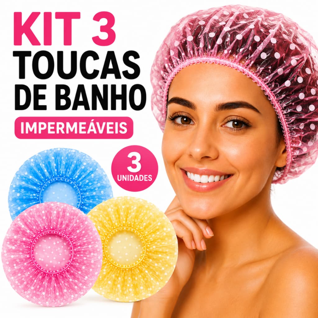 Kit 3 Toucas de Banho Plásticas Impermeáveis Reutilizáveis Sortidas