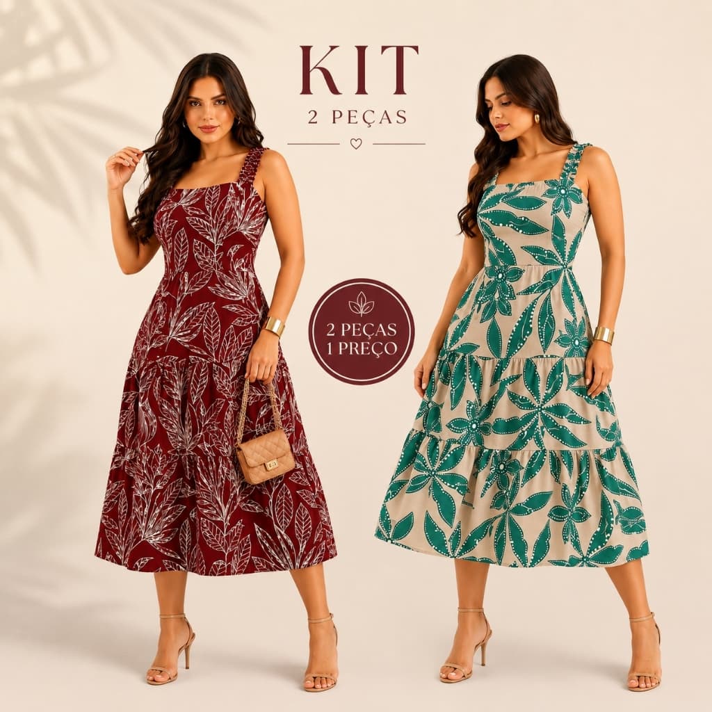Kit 2 Vestidos Femininos Midi Estampados Em Crepe  Alça com Elástico Moda Verão Casual Elegante Moda Evangelica