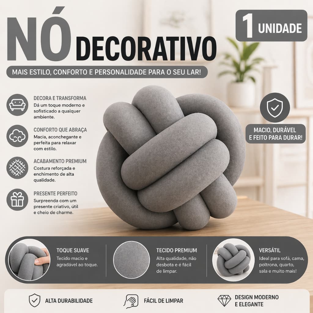 Almofada Nó Decorativa Grande Macia Cinza Sofá Cama Quarto Sala Decoração Presente