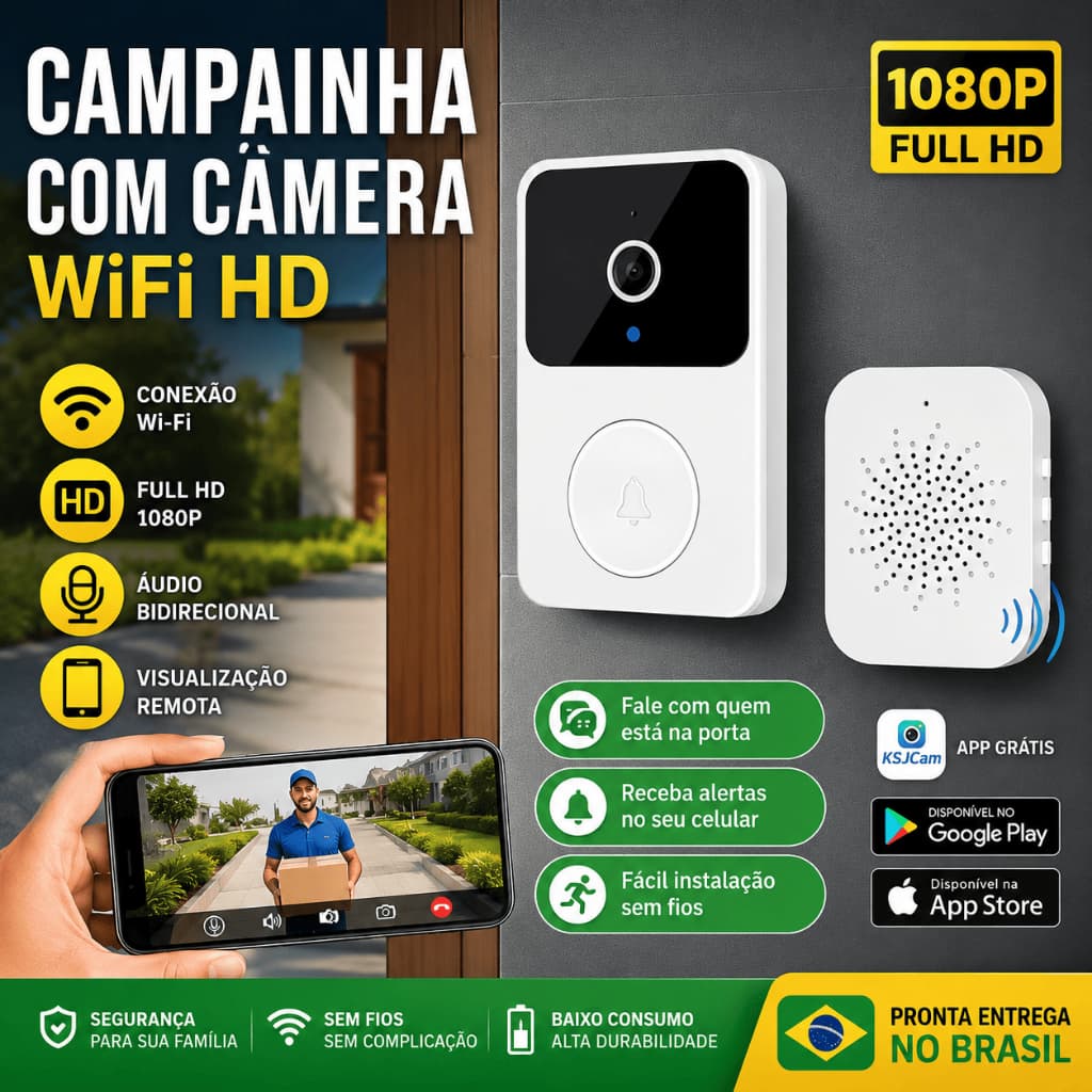 Campainha com Câmera Embutida, Vídeo Porteiro WiFi Sem Fio, HD, Visível pelo Celular Casa Inteligente
