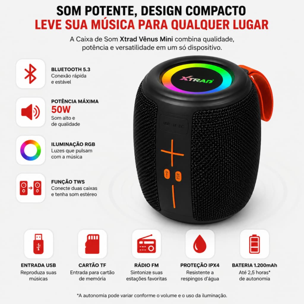 🎵 Caixa de Som Portátil Bluetooth Xtrad 50W RGB USB TF Rádio FM TWS