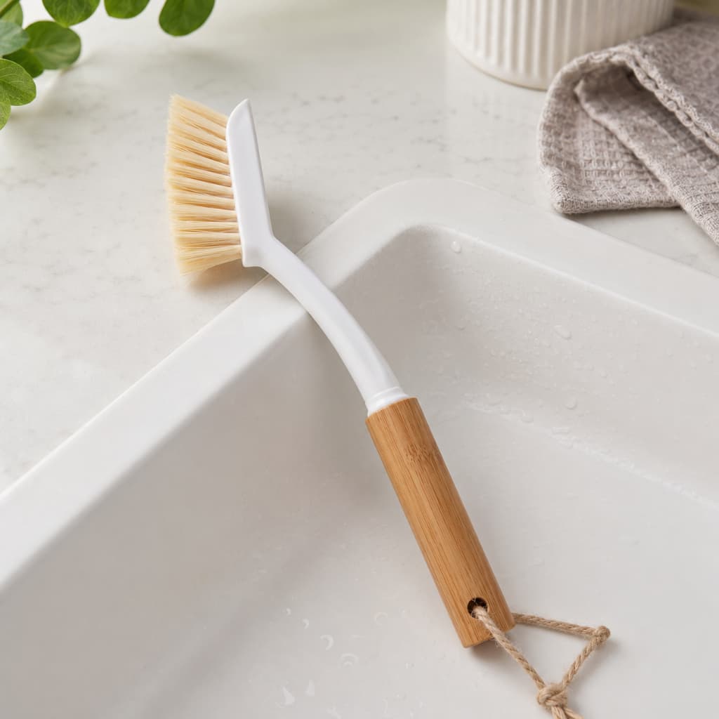 Escova de Limpeza Multiuso Cabo de Bambu 24cm Limpa Cantos Frestas Pia Cozinha Banheiro
