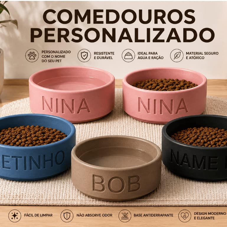 KIT Comedouro Personalizado com Nome Pote para Cachorro e Gato Tigela para Ração Alimentador para Pets Personalizados