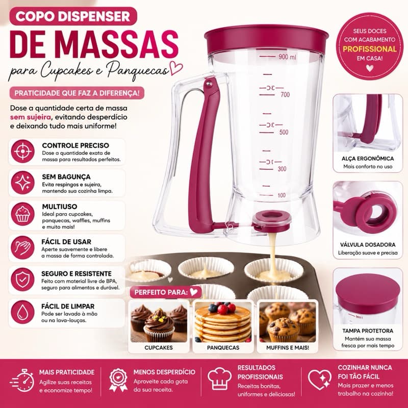 🍰 Copo Dispenser de Massas para Cupcakes e Panquecas – Dosador Prático Antivazamento, Fácil de Usar Ideal para Receitas